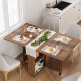 Garvee Folding Dining Table with Storage, Folding Kitchen Table with 6 Wheels, Drawer & Shelves, Compact Dining Table for Small Spaces - Brown