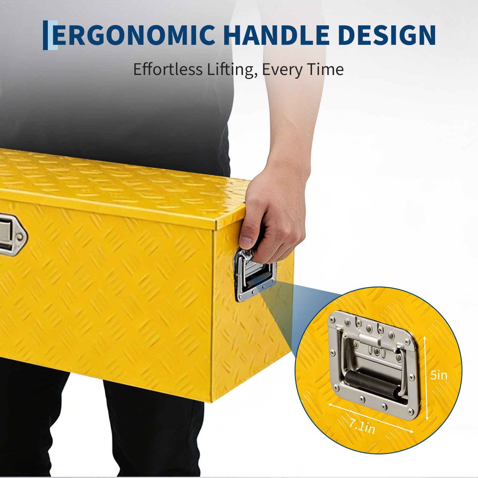 person lifting a yellow diamond plate tool box by its recessed side handle