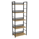 Garvee 5-Tier Metal & Wood Tall Narrow Bookshelf, guard panels on each shelf, for Living Room & Home Office, Black/Natural
