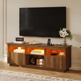 Garvee 70 Inch Fluted TV Stand for TVs Up to 80", Mid Century Modern Entertainment Center with Power Outlet & LED Light, Wood Media Console with Storage Cabinets, Walnut - Walnut