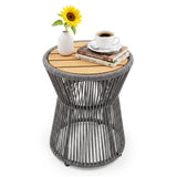 Garvee Weather-Resistant Woven Rope Outdoor Side Table - Round Patio End Table with Natural Wood Top - Modern Accent Table for Balcony, Backyard, Poolside - Gray + Natural Wood, Diameter 16in Height 20in - Gray
