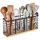 Garvee 4-Grid Kitchen Utensil Holder Black Iron Wire Large Capacity Rust-Resistant Natural Wood Base Countertop & Wall Mount Cooking Organizer