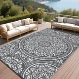 Garvee Large Waterproof Outdoor Rug 9x18 Reversible Floral Plastic Straw Rug, Durable UV Resistant Outdoor Carpet, Portable RV Camper Picnic Mat with Stakes & Carry Bag for Yard Poolside, Grey - Gray