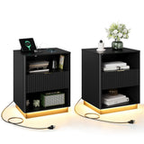 Garvee Set of 2 Black Fluted Wooden Nightstands with Drawer – Modern Mid Century Bedside Tables – Built-in Charging Station & LED Light – Large Storage for Bedroom or Living Room – Black