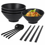 Garvee Japanese Melamine Ramen Bowl Set of 4 - Black Pasta Bowls with Chopsticks & Spoons - 3-in-1 Asian Dinnerware for Ramen, Pho, Udon - Durable Serving Set, 22.6×22.6×9.3cm