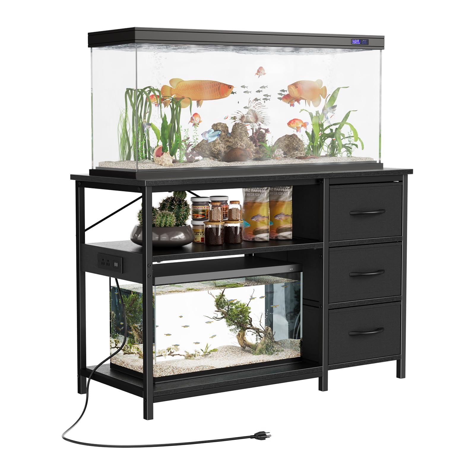 Garvee 55-75 Gallon Aquarium Stand, 1000lbs Capacity, Heavy Duty Fish Tank Stand with Drawers Shelves LED Light