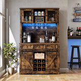 Garvee Modern Farmhouse 72 in Coffee Bar Cabinet - LED Lights & Built-In Power Outlets - Sliding Barn Doors - Wine Storage, Glass Rack & 3 Drawers - Firewood - Fire Wood