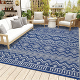 Garvee Outdoor Rug Waterproof 8x10 Reversible Boho Outside Rug, Lightweight & Foldable Geometric Patio Carpet, Plastic Straw Indoor Outdoor Mats for Picnic Deck Balcony, Blue White - Dark Blue