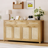 Garvee 63" Farmhouse Rattan Sideboard Buffet Cabinet - 4 Doors & 3 Drawers, Adjustable Shelves, Large Storage Credenza for Dining Room, Kitchen Coffee Bar or Entryway Console - Color: Light Oak 1 - Light Oak