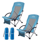 Garvee 2‑Pack Low‑Profile Beach Lounge Chairs — Foldable Portable Camping Chairs with Mesh Back, Cup Holder & Carry Bag, 300 lb Capacity - Blue-2Pcs