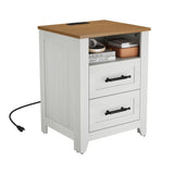 Garvee Farmhouse Nightstand with 2 Drawer and Open Compartment, Side Table with Charging Station, End Table with Storage Shelf for Bedroom, Living Room, Color-Blocking, 1PCS - White & Natural Top