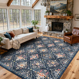 Garvee 5' × 7' Boho Floral Area Rug, Machine Washable Non-Slip Low-Pile Soft Rug for Nursery, Bedroom & Kids Room, Navy Blue - Navy Blue