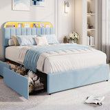 Garvee Full Size Velvet Upholstered Bed Frame with Storage Drawers, Bookcase Headboard, LED Lights, Noise-Free, Easy Assembly, No Box Spring Needed, Ideal for Kids or Teens - Blue, Full Size - Blue