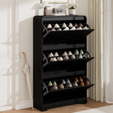 Garvee Hidden Slim Shoe Cabinet for Entryway, Narrow Freestanding Organizer with Turnover-Down Doors, Adjustable Shelves, Space-Saving Storage for Hallway/Foyer/Mudroom - Black - Black