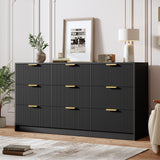 Garvee 9 Drawers Dresser for Bedroom - 59" Wide Modern Fluted Chest of Drawers with Golden Metal Handles, Large TV Stand Multi-Function Home Organizer for Living Room, Entryway, Hallway, Black - Black