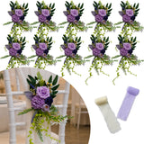 Garvee 10-Pack Artificial Wedding Pew Flowers - White Rose & Eucalyptus Chair/Aisle Bouquets with Ribbon, Reusable Church Ceremony Bridal Shower Party Decor, 14cm - Color: Purple, Ribbon Neutral-Tone Tone + Light Purple - Purple
