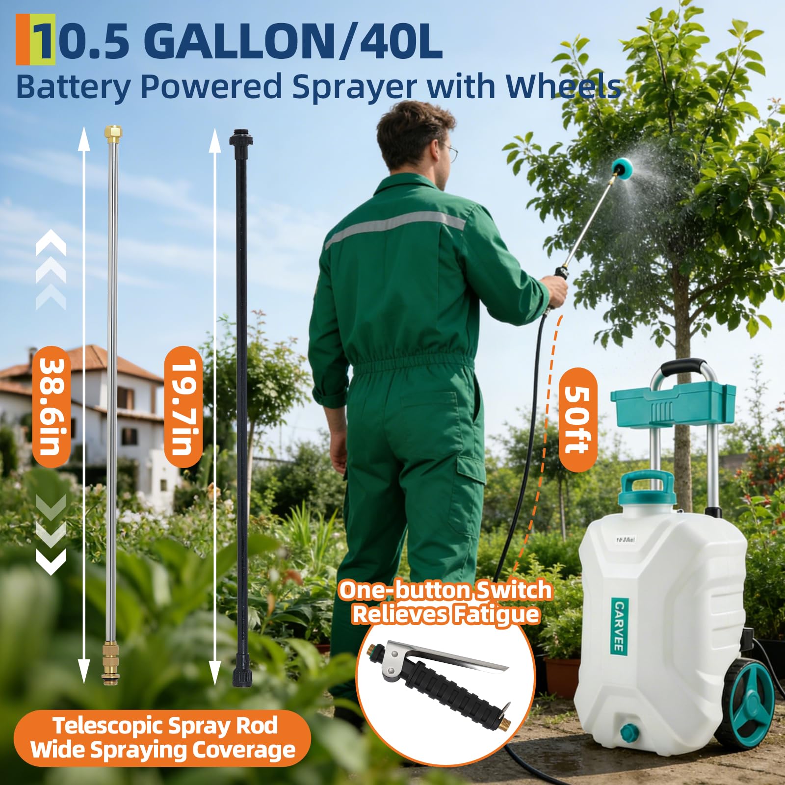 garden sprayer on wheels Garvee 10.5 Gallon Battery Sprayer with Cart, 18V 4Ah Wheeled Garden Sprayer, 80 PSI Adjustable Pressure, 6 Nozzles & 2 Wands for Lawn & Garden