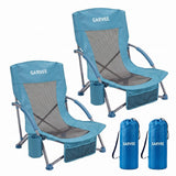 Garvee 2 Pack Beach Chair, Portable Beach Chairs for Adults, Chaise de Plage Compacte Voyage, Low Reclining Travel Chair Fits in Suitcase with Cup Holder for Beach, Camping, Festival, Blue