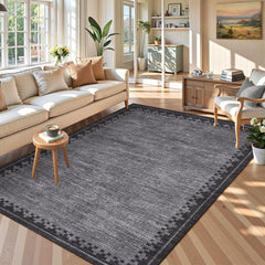 Garvee 5x7 Washable Area Rug Grey - Non Slip, Stain Resistant - Soft Low-Pile, Durable Fabric - Geometric Border, Pet & Kids Friendly - Living Room, Bedroom, Office - Gray