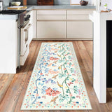 Garvee 2' x 6' Ivory Watercolor Bird Floral Runner Rug, Washable Non-Slip Low-Pile Rug for Hallway, Kitchen & Entryway - Beige