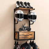 Garvee Wall-Mounted Motorcycle Helmet Rack with Shelf, Melamine Board, Metal Hanging Rod & Hooks for Garage and Entryway