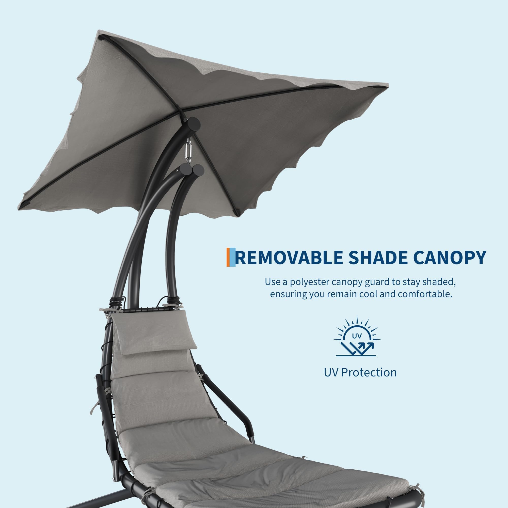 Grey green hanging chaise lounge showing removable canopy and UV protection graphic