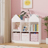 Garvee House-Shaped Kids Bookshelf and Toy Storage Organizer – Castle Design, 4 Book Racks, 6 Open Cubbies, Dollhouse Style, Floor Standing Cabinet for Playroom, Nursery, Bedroom, Daycare – White - White