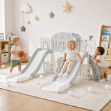 Garvee 10-in-1 Double Toddler Slide HDPE Durable Dual Side-by-Side Lanes Spacious Freestanding Gray White Indoor Outdoor Play - Gray-White