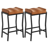 Garvee Modern Saddle Counter-Height Bar Stools, Set of 2 (26 in) - Thick Padded Faux Leather Seat - Sturdy Metal Frame w/ Footrest - Kitchen Island & Dining Room - Black iron frame + brown PU-wrapped seat cushion, 2-pack