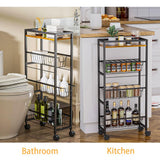 Garvee Slim 4-Tier Metal Storage Cart - Rolling Organizer with Lockable Wheels - Pull-Out Mesh Baskets - Wooden Top for Kitchen, Bathroom, Laundry, Office, Space-Saving Utility Rack, Black