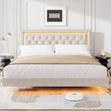 Garvee Floating Platform Bed Frame with Smart LED Lights - Diamond Upholstered Headboard - Sturdy Wood Slats - Noise-Free & Easy Assembly - No Box Spring Needed - Modern Bedroom Furniture - King Size - White - White