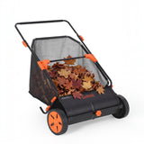 Garvee 30-Inch Push Lawn Sweeper, Manual Grass & Leaf Collector with 10 Cu.Ft Bag, Adjustable Height, 4 Spinning Brushes, Wheel-Driven Yard Sweeper, Black & Orange
