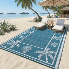 Garvee Outdoor Rug 8x10 Waterproof Reversible Tropical Leaf Plastic Straw Durable Patio Deck Camping Mat Blue/White - Gray Blue