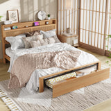 Garvee Rattan Platform Bed Frame with Storage Drawer & LED Lights, Headboard Shelf + Charging Station, Wooden Slat Support, No Box Spring Needed - Queen, Natural Wood Color - Natural Wood Color
