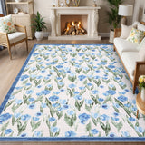 Garvee Floral Washable Area Rug 6x9ft - Ultra Thin Low Pile & Non-Slip Carpet - Spot Resistant Modern Home Decor for Living Room, Bedroom, Nursery, Dining Room, or Office - Light Blue - Light Blue