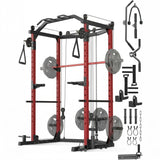 Garvee Multi-Function Power Cage Squat Rack for Home Gym – 2000LB Capacity – Dual Pulley Cable Crossover, Lat Pulldown – Landmine, Dip Bars, J-Cups – 20+ Attachments – Strength Training – Red-Black