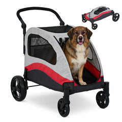 Garvee Foldable Dog Stroller, Large Dog Carrier with 360° Wheels, Adjustable Handle & Storage Pocket, Portable Puppy Travel Strollers, Pet Wagon for Large Dogs, 135 Lbs Capacity, Red - Red