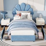 Garvee Twin Size Bed Frame for Girls with Storage Drawers, Upholstered Princess Velvet Platform Bed with Adjustable Headboard,Wood Slats, No Box Spring Needed, Blue