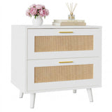 Garvee Rattan bedside table with Charging Station, 2-Drawer Boho Bedside Table - USB Ports & AC Outlet - Cane Wood End Table for Bedroom, Small Spaces - White - White