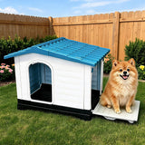 Garvee 2-Door Small Dog House for Indoor and Outdoor Dog House with Fold-Out Porch Elevated Base, Waterproof Pet House for Small and Medium Dogs, Easy Assembly, Blue (31''L x 21''W x 26''H) - Blue