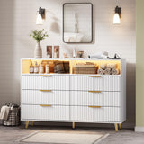 Garvee 47.2" w 6 Drawers Dresser with LED Lights & Charging Station, Modern Curved Fluted Wood Chest of Drawers with Gold Handles for Bedroom & Living Room, White - White
