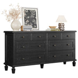 Garvee Vintage 8 Drawer Dresser - Wide Wood Chest with Carved Handles and Tapered Legs - Large Storage for Bedroom or Living Room - Distressed Finish - Oak Black - Black
