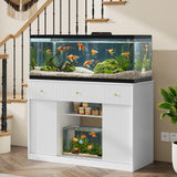 Garvee 55-75 Gallon Fish Tank Stand, Aquarium Stand with Power Outlet, Storage Cabinets, Drawers, LED Light, Sliding Barn Door Fish & Reptile Tanks Stand for 2 Tanks, White