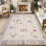 Garvee Floral 8x10 Washable Rug for Living Room, Indoor Farmhouse Non Slip Area Rug for Bedroom, Low Pile Stain Resistant Large Nursery Rugs, Ultra Thin Throw Carpet for Dining Room Office, Taupe - Taupe