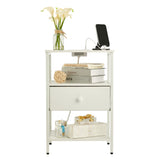 Garvee Bedside Table with Charging Station – 3-Tier Open Storage, Fabric Drawer, Sturdy Metal Frame, Modern Bedside Table for Bedroom & Living Room – White US Socket - White