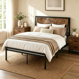Garvee Modern Sturdy Metal Platform Bed Frame with Ergonomic Sloped Headboard - Noise-Free Support, Under-Bed Storage, Easy Assembly, No Box Spring Needed - Bedroom Furniture - Full Size - Black Tube + Vintage Color Board - Retro Brown