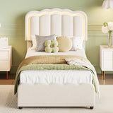 Garvee Twin LED Bed Frame, Kids Platform Bed with 2 Large Storage Drawers, Velvet Upholstered Princess Bed for Girls & Boys, Wooden Slats Support, No Box Spring Needed, Easy Assembly, Beige - White
