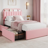 Garvee Boucle Upholstered Twin XL Platform Bed Frame with Storage Headboard, Bookcase & 2 Drawers - Modern, Noise-Free, No Box Spring Needed, Easy Assembly, Bedroom Furniture - Twin XL Size, Light Pink - Pink