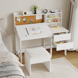 Garvee Wood Kids Study Table and Chair Set with Adjustable Tilt Desktop, Drawers and Cork Board for Ages 3-10, White - White