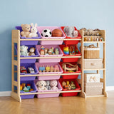 Garvee Solid Wood Kids Toy Storage Organizer Cabinet – 12 Bins & 3 Open Shelves – Wide Cubby Bookshelf for Playroom, Bedroom, Nursery – Magenta - Magenta